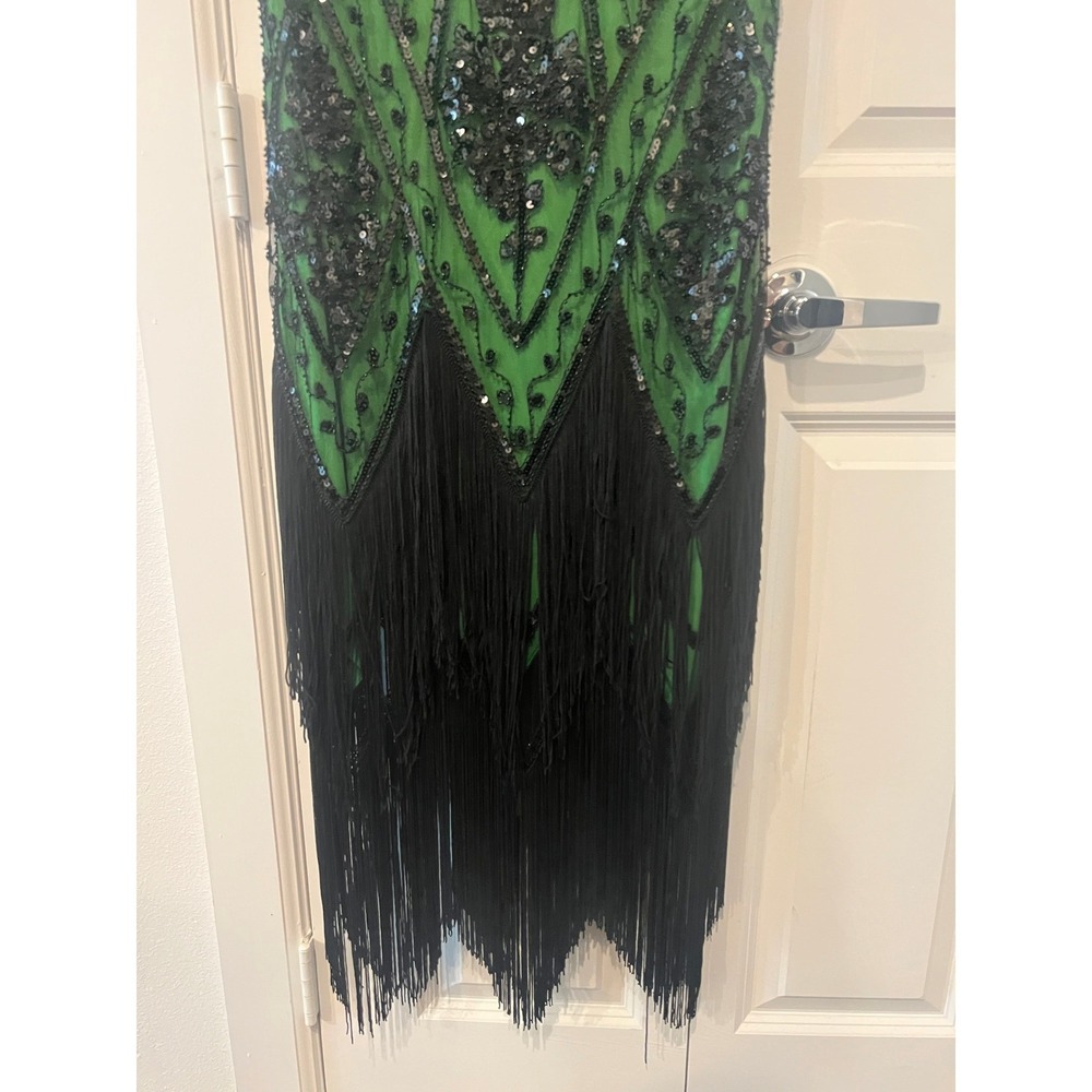 PrettyGuide Green Black Sequin Fringe Flapper Dress 1920s Gatsby Style L (1098) - Picture 2 of 16